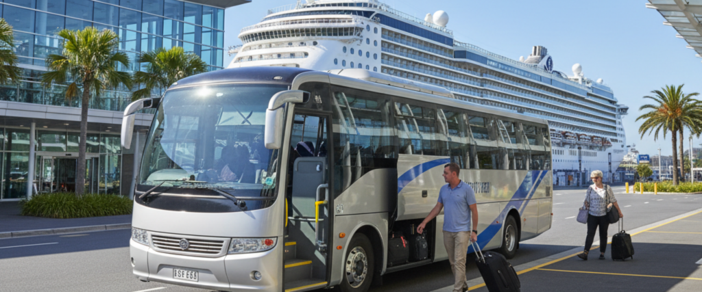 Passengers boarding a free shuttle bus to White Bay Cruise Terminal operated by Shuttle Express