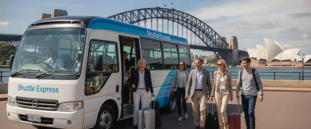 A white and blue Shuttle Express bus with people disembarking with luggage, with the Sydney Harbour Bridge and Sydney Opera