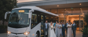 Shuttle Express | How Much Are Shuttle Services for Weddings? Decorated shuttle bus arriving at a reception venue as couples compare wedding shuttle cost options