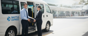 Shuttle Express | Average Cost of Airport Shuttle in Sydney: What You'll Pay Smiling Shuttle Express driver hands a black suitcase to a businesswoman beside a white shuttle van at an airport terminal